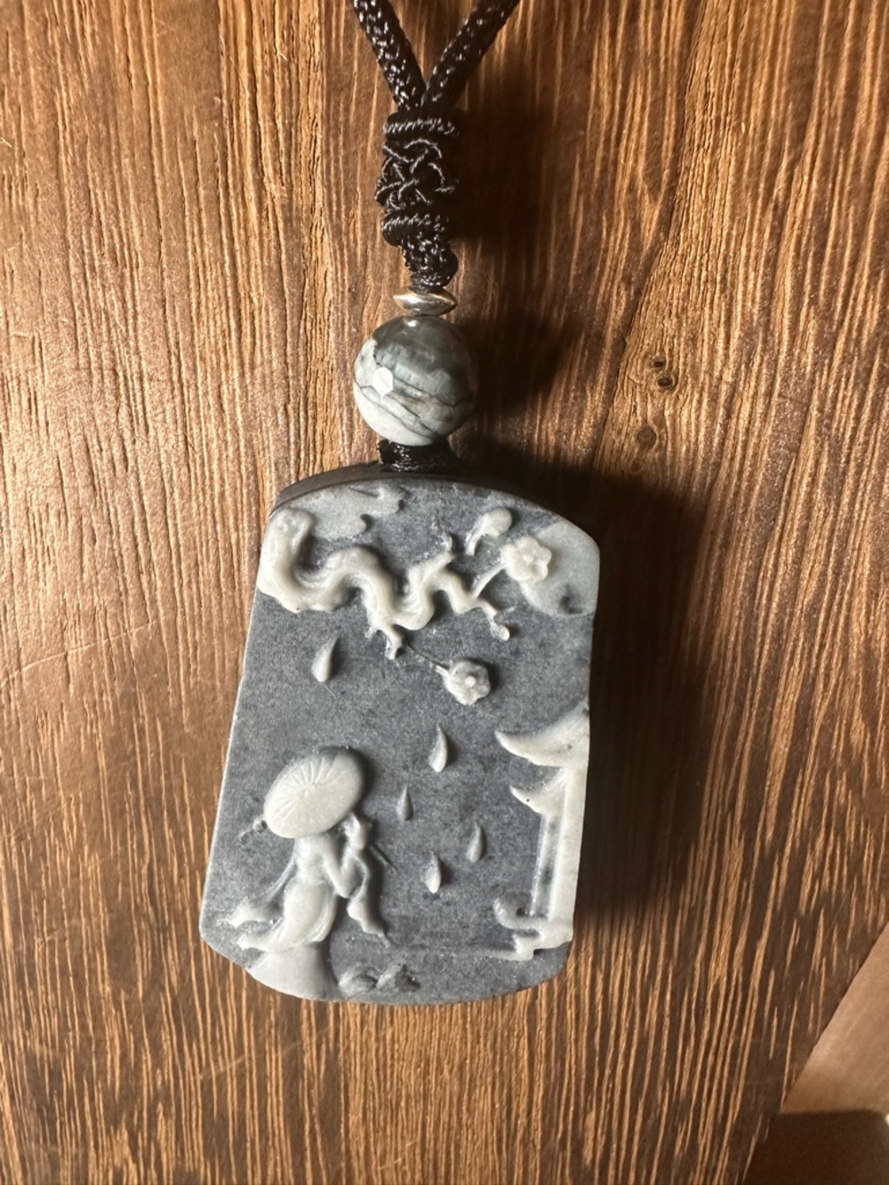 Tai Chi Stone Landscape and Lady Pendant Necklace with Eagle Eye and Silver
